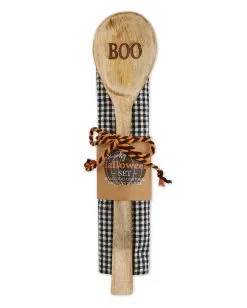 "Boo" Motiv Holzlöffel & Geschirrtuch Set